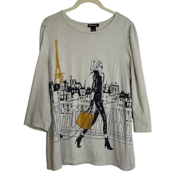 ByDesign Lightweight Sweater Womens XL Beige Paris Cityscape 3/4 Sleeve Top - Picture 1 of 7